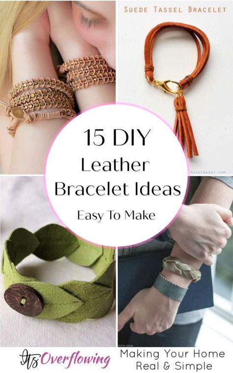 15 Easy To Make DIY Leather Bracelet Ideas - Its Overflowing How To Put Snaps On Leather Bracelets, Leather Jewelry Making For Beginners, Clasps For Leather Bracelets, Repurposed Leather Ideas, Adjustable Leather Bracelet Diy, Leather Bracelet Patterns, Handmade Leather Jewelry Diy, Diy Bracelet For Men, Diy Leather And Bead Bracelet