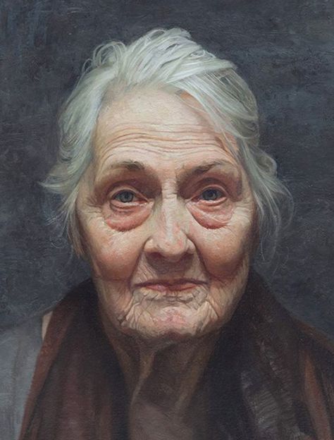 "Jaece Lutece" - David Jon Kassan, oil on arches oil paper, aluminum panel, 2013 {figurative realism art female head #hyperreal elderly woman face portrait cropped painting detail #loveart #2good2btrue} davidkassan.com L'art Du Portrait, Old Faces, Oil Portrait, Poses References, Hyperrealism, Old Woman, Realism Art, Photorealism, Realistic Art