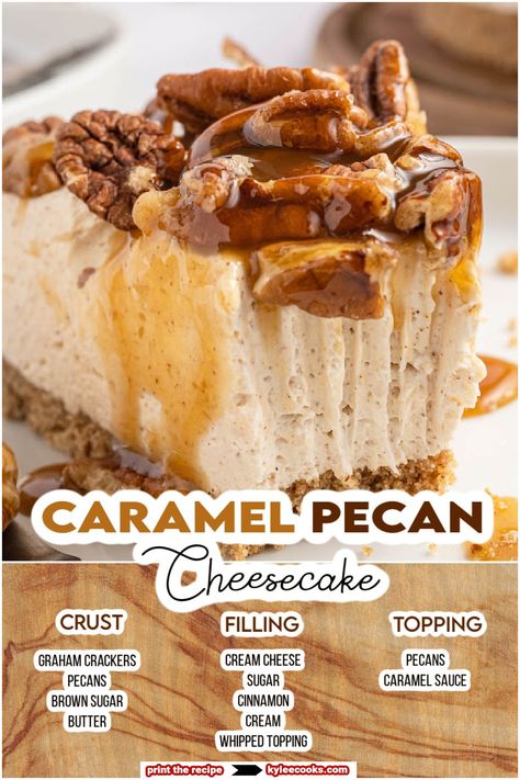 Impress your holiday crowd or your weekend guests with this spectacular no-bake caramel pecan cheesecake! It's made with a buttery crumbly crust and a creamy smooth cheesecake filling topped with a gooey crunchy topping made from pecans and caramel sauce! Best Pecan Cheesecake Pie, Pecan Pie Cheesecake Recipe Easy No Bake, Caramel No Bake Cheesecake, Pecan Pie Cheesecake Recipe No Bake, Cheesecake Recipes For Thanksgiving, Pecan Cheesecake Pie Recipe, Pecan Cheesecake No Bake, Cheesecake Christmas Holiday Desserts, No Bake Pecan Cheesecake