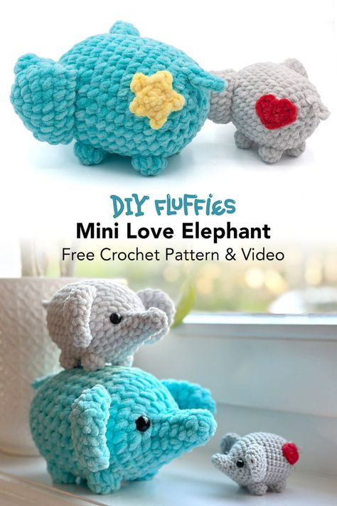 Crochet an adorable elephant Amigurumi using the free pattern and video from DIY Fluffies. This project is simple and quick, making it ideal for beginners who want to learn how to crochet plush animals. The pattern only requires sewing the legs on, and you can easily follow the step-by-step video included in the free pattern to make your cute elephant plush toy." Crochet Elephant Pattern Free, Elephant Amigurumi, Crochet Elephant Pattern, Elephant Plush Toy, Crochet Toys Free Patterns, Amigurumi Plush, Crochet Toys Free, Crochet Elephant, Crochet Amigurumi Free Patterns