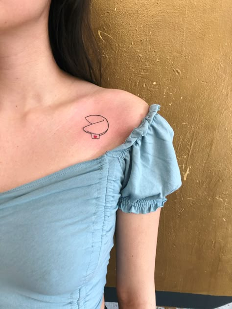 Snack Tattoos For Women, Paper Heart Tattoo, Good Fortune Tattoos, Cookie Tattoo Ideas, Fortune Cookie Drawing, Cookies Tattoo, Fortune Cookie Tattoo, Relentless Tattoo, Rogue Tattoo