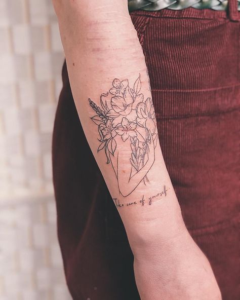 Blackwork Tattoo Florist 🌹 on Instagram: “‘Take care of yourself’ - something we all need to do ❤️ Thankyou Victoria for letting me add yet another piece to your wonderful self!…” Florist Tattoo, Tattoo Artist Aesthetic, Friend Tats, Tattoo Desings, Tattoo Cover-up, Artist Aesthetic, Piercing Ideas, Tat Ideas, Cover Up Tattoos