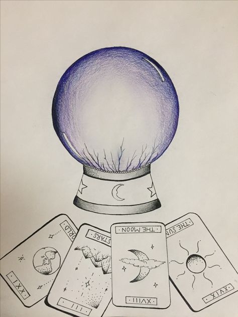 Crystal Ball Sketch, Crystal Ball Watercolor, Crystal Ball Doodle, Magic Ball Drawing, Cristal Ball Tattoo, Crystal Drawing Ideas, Tarot Doodles, Witch Drawing Pencil, Easy Tarot Card Drawing