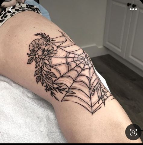 Womens Sleeve Ideas, Spooky Leg Sleeve Tattoo, Women’s Knee Tattoo Ideas, Alternative Leg Tattoos, Spooky Shin Tattoo, Feminine Spooky Tattoos, Spooky Leg Sleeve, Leg Crease Tattoo, Spooky Arm Tattoo