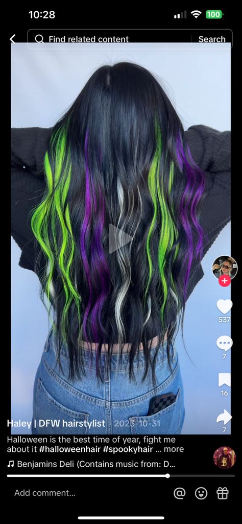 Black Hair With Orange And Purple Highlights, Purple And Lime Green Hair, Black Green Purple Hair, Green Hair Halloween Costumes Ideas, Black And Green Hair Ideas, Beetlejuice Hair Color, Colored Extensions Ideas, Halloween Hair Color Ideas For Dark Hair, October Hair Color Ideas