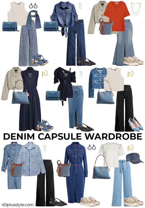 Denim Capsule Wardrobe, Spring Denim, Denim Skirt Outfits, Flattering Outfits, Denim Outfits, Over 60 Fashion, Skirts And Dresses, 60 Fashion, Embellished Jeans