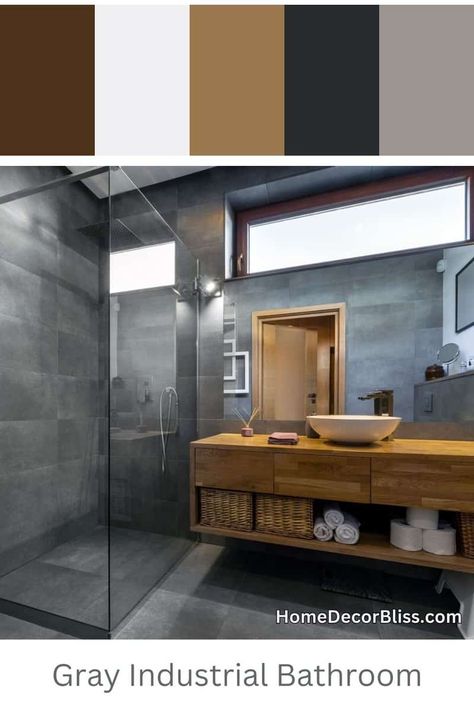 Industrial Bathroom: Gray Concrete and Wood Vanity Gray And Wood Bathroom Ideas, Grey Countertops Wood Cabinets, Gray And Wood Bathroom, Industrial Chic Bathroom, Concrete And Wood Bathroom, Gray Concrete Texture, Bangkok Apartment, Natural Wood Vanity, Industrial Modern Bathroom