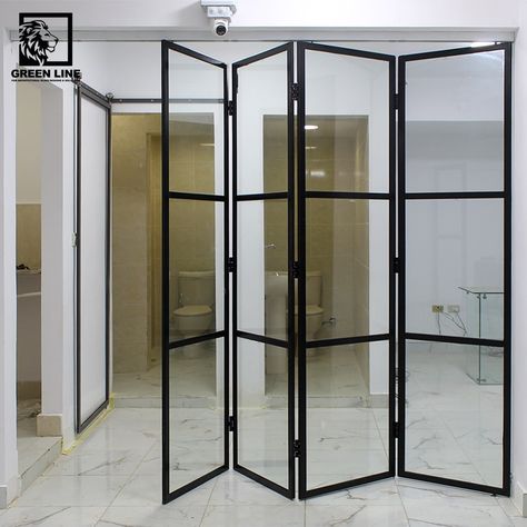 Transperant folding glass with black aluminum frame 💥 Folding Mirror Doors, Foldable Glass Door, Folding Glass Partition, Foldable Door, Studio Closet, Kitchen Divider, Folding Partition, 90s Home, Folding Glass Doors