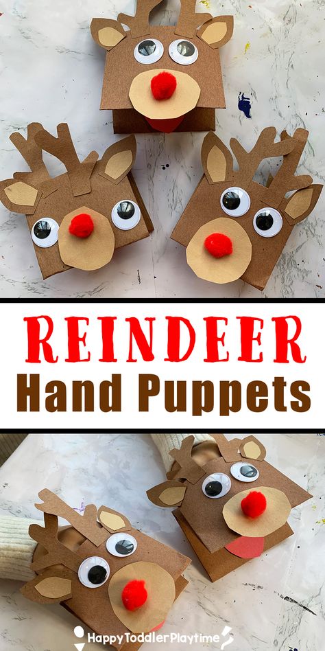 Adorable Reindeer Hand Puppet Craft - Happy Toddler Playtime Reindeer Puppet Paper Bag, Reindeer Paper Bag Puppet, Preschool Rudolph Crafts, Construction Paper Puppets, Rudolph Craft Preschool, Rudolph Activities Preschool, Christmas Puppet Craft, Reindeer Art Preschool, Preschool Reindeer Crafts