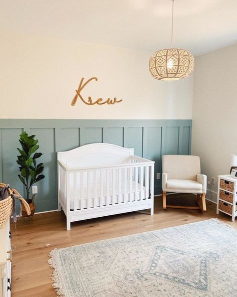 White Crib Boy Nursery, Accent Wall Boys Room, Kids Room Montessori, Modern Farmhouse Nursery, Crib To Toddler Bed, Baby Stuff Ideas, Forest Bedroom, Nursery Accent Wall, Bed Daybed