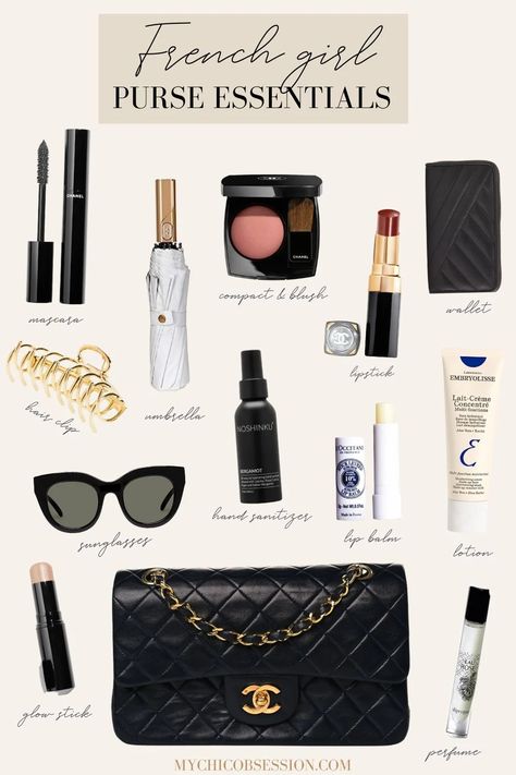 Stock Your Purse Like a Parisian: French Girl Purse Essentials - MY CHIC OBSESSION Chic French Girl Aesthetic, French Make Up Style, Quiet Luxury Accessories, Parisian Makeup Look Classy, Things To Put In Your Bag, That Girl Essentials, Girl Purse Essentials, French Outfit Style, Parisian Style Women