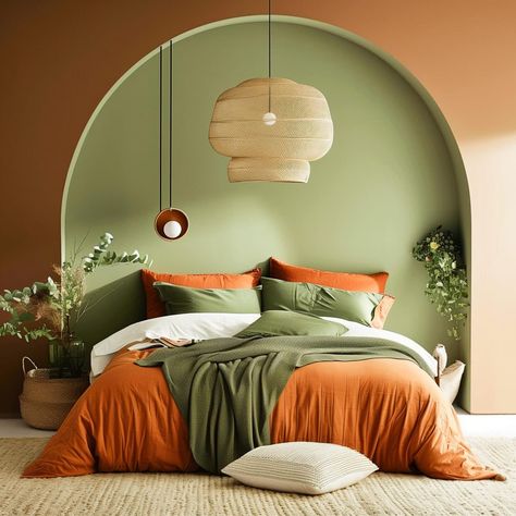 green_and_terracotta_painted_bedroom 14 Terracotta And Olive Green Color Palette, Green Orange And Pink Bedroom, Green Bedrooms Ideas, Bedroom Ideas Terracotta, Terracotta Bedroom Decor, Green Bedroom Paint Colors, Terracotta And Green Bedroom, Green And Terracotta Bedroom, Terracotta Bedroom Ideas