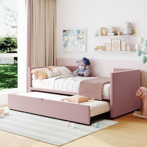 Create a flexible and inviting space with our versatile daybed. Upholstered in carefully-selected velvet in elegant gray, beige, or pink, this timeless design features a soft backrest and armrests for added coziness. Captain Bed, Pop Up Trundle, Twin Daybed With Trundle, Sofa Bed Frame, Kid Rooms, Upholstered Daybed, Daybed With Trundle, Beds And Headboards, Trundle Bed