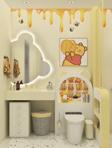 Winnie The Pooh Bathroom Ideas, Pooh Bear Bathroom, Winnie The Pooh Office Decor, Cute Yellow Bathroom, Pooh Bear Bedroom, Nursery Bathroom Ideas, Pooh Bear Room, Winnie The Pooh Bathroom Decor, Winnie The Pooh House Decor