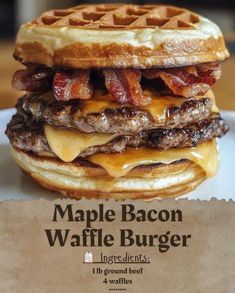 Crenn Recipes | Maple Bacon Waffle Burger 🍔🧇 | Facebook Maple Bacon Burgers, Maple Waffle Sandwich, Bbq Food Truck Ideas, Breakfast Burger Ideas, Syrup Sandwich, Waffle Sandwich Ideas, Waffle Burgers, Food Truck Food Ideas, Crenn Recipes