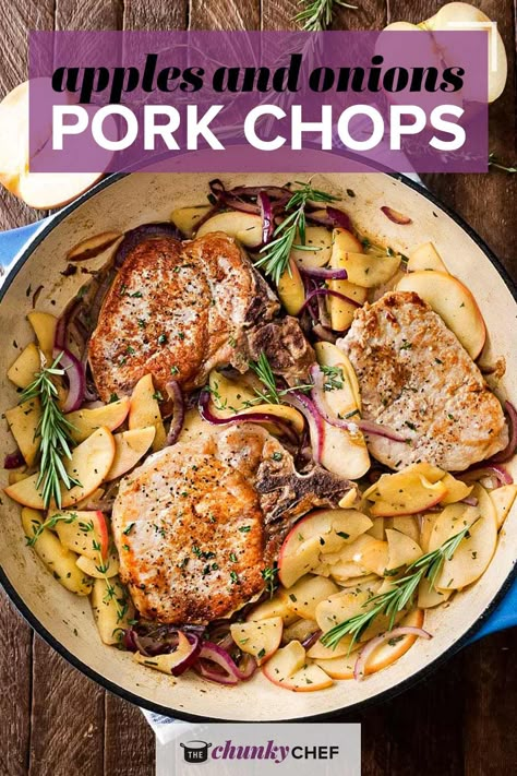 One Pan Pork Chops with Apples and Onions - Amazing Fall flavors combine in this one pan, 30 minute pork chop meal! #porkchops #pork #apples #onion #easyrecipe #dinner Apple Entree Recipes, One Pan Pork Chops, Pork Chops With Apples, Apples And Onions, Pan Pork Chops, Autumn Dinner, Apple Pork, Apple Pork Chops, Easy Skillet