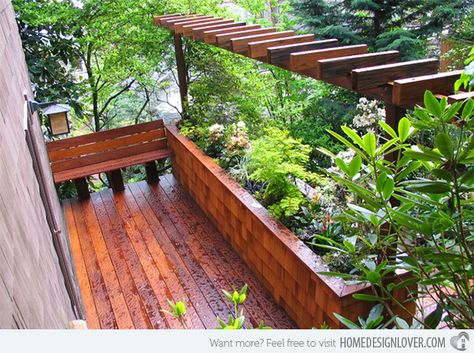 Take a Look at 15 Designs of Wooden Outdoor Planters Deck Planter Boxes, Planter Box Designs, Pergola Planter, Contemporary Deck, Small Pergola, Deck Planters, Deck Colors, Wooden Deck, Contemporary Patio