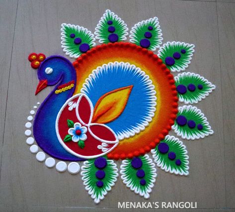 Rangoli Designs 344 | Easy Peacock Rangoli Design For Diwali – Menaka's Rangoli Peacock Rangoli Design, Diwali Special Rangoli, Diwali Special Rangoli Design, Easy Diwali Rangoli, New Year Rangoli, Easy Rangoli Designs Videos, Diya Rangoli, Very Easy Rangoli Designs, Rangoli Designs Photos