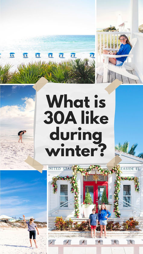 photos of 30A in winter including Seaside decorated for the holidays, a girl flying a kite on the beach in December, and more 30a In November, Mexico In December, Florida In December, Florida Travel Destinations, Beach Rules, Texas Beaches, 30a Florida, Florida Travel Guide, 30a Beach