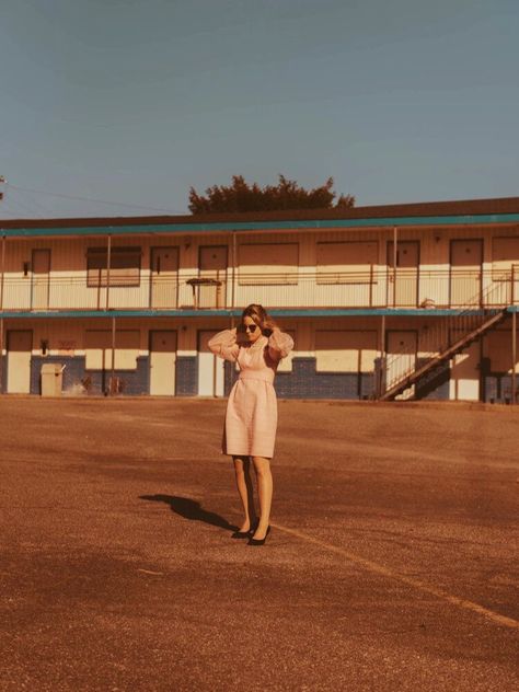 Portrait Themes, Roadtrip Photoshoot, Motel Photoshoot, Motel Aesthetic, Pink Motel, Cute Vampire, Artistic Fashion Photography, Vintage Motel, Vintage Pink Dress