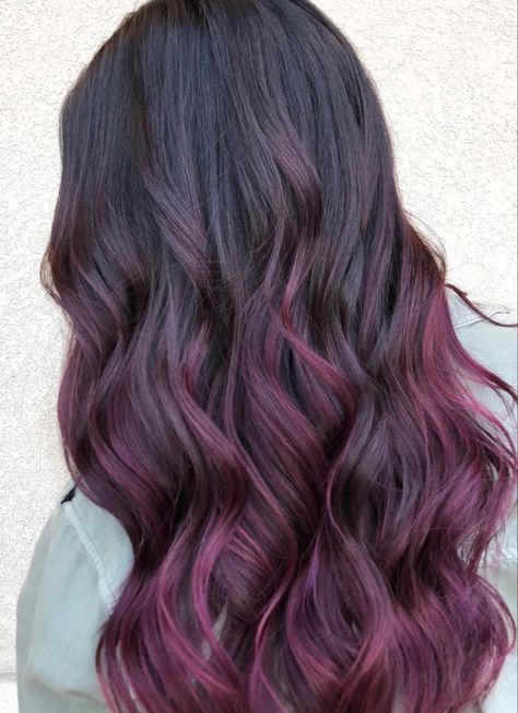 Brown And Plum Balayage, Dark Brown To Burgundy Hair, Violet Brown Balayage, Dark Brunette Balayage Hair Purple, Dark Brown With Purple Balayage, Brown Hair Violet Highlights, Dark Hair Purple Balayage, Burgundy Hair Dye Ideas, Dark Hair With Fun Highlights