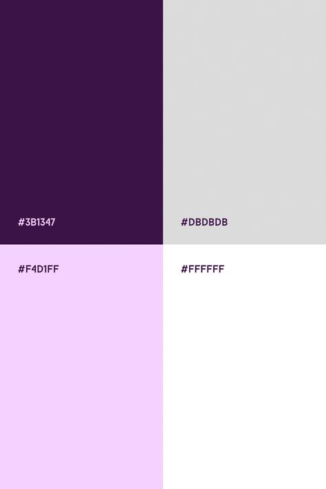 Dark purple, light gray, white and lilac color palette for design inspiration Purple Gray White Color Palette, Light Purple Pallete Color, Purple And White Colour Palette, Color Palette Light Purple, Dark Purple Pallet, Lilac Purple Color Palette, White And Purple Color Palette, Lavender Branding Color Schemes, Purple Red Palette