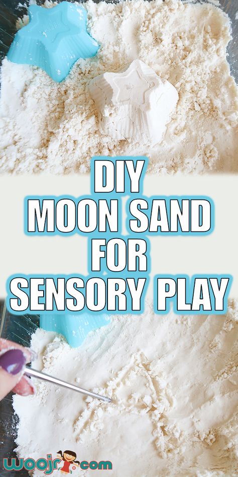 DIY Moon Sand for Sensory Play | Woo! Jr. Kids Activities Dinosaur Sensory Bin, How To Make Sand, Diy Moon Sand, Make Kinetic Sand, Homemade Moon Sand, Dinosaur Sensory, Diy Kinetic Sand, Moon Activities, Diy Moon