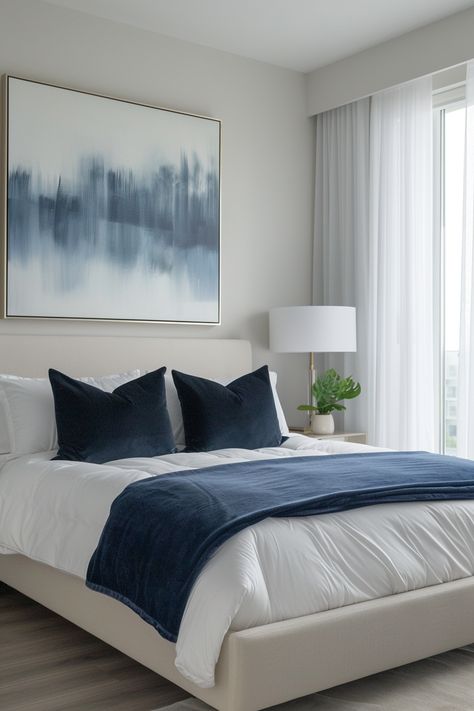 Transform Your Bedroom: Elegant Blue & White Decor Ideas Navy White Home Decor, Navy Blue Interior Design Bedroom, Black White Grey Blue Bedroom, White Blue Black Bedroom, Navy Home Accents, Blue And White Interior Design Modern, Navy Gold White Bedroom, Navy Blue Accent Bedroom, White And Navy Bedroom Ideas