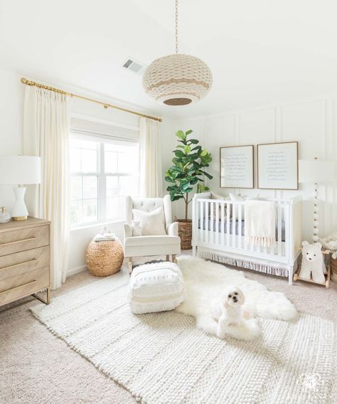 White Neutral Nursery Decor - Gender Neutral Nursery - White Crib - Modern Nursery White Crib Wood Dresser Nursery, Nursery Rugs On Carpet, Eucalyptus Nursery, Neutral Nursery Design, Gender Neutral Nursery Design, Nursery Design Neutral, Baby Aesthetic, Baby Nursery Inspiration, Dream Future