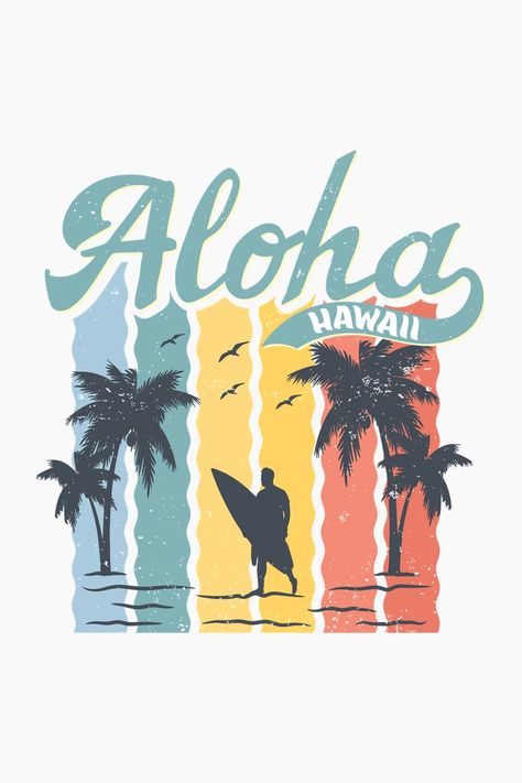 A retro design featuring a man on a beach with a surfboard and a text that reads “Aloha Hawaii”.it makes a great present for any surfer who enjoys adventuring on the Hawaiian islands. Summer Tshirt Designs, Beach Shirt Design, Men's Tshirt Design, School Spirit Shirts Designs, Hawaii Tshirt, Travel Journal Pages, T Shirt Logo Design, Shirt Logo Design, Hawaiian Theme