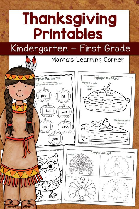 Thanksgiving Worksheet Packet for Kindergarten and First Grade Thanksgiving Worksheets Kindergarten, Thanksgiving Math Kindergarten, Thanksgiving Literacy Activities, Thanksgiving Literacy, Thanksgiving Math Worksheets, Thanksgiving Activities For Kindergarten, Teaching Thanksgiving, Thanksgiving Lessons, Thanksgiving Kindergarten