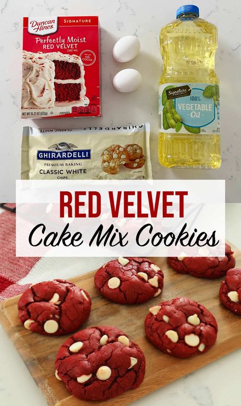 Red Velvet Cake Cookies, Easy Cake Mix Cookies, Easy Red Velvet Cake, Red Velvet Cake Mix Cookies, Cookies With White Chocolate Chips, Red Velvet Cookie Recipe, Red Velvet Bundt Cake, Easy Red Velvet, Velvet Cookies