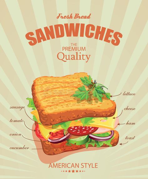 Sandwich Poster In Vintage Style. Stock Vector Sandwich Poster, Vintage Food Posters, Quotes Food, Poster Food, Sandwich Bar, Food Recipes Easy, Poster Vintage Retro, Retro Cafe, Ingredient Labels