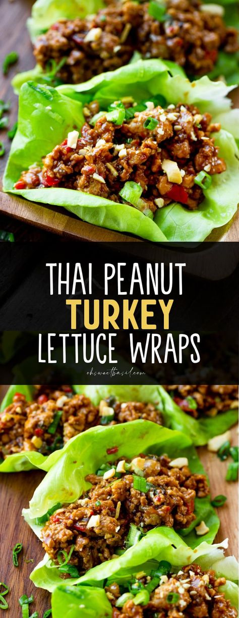 Crisp cold lettuce wrapped around saucy flavorful turkey...and you have our favorite Thai peanut turkey lettuce wraps! A healthy and delicious appetizer or light meal. #lettucewraps #turkeylettucewraps #healthyrecipe Romaine Lettuce Wraps, Ground Turkey Lettuce Wraps, Thai Lettuce Wraps, Salat Wraps, Food Sandwiches, Asian Lettuce Wraps, Turkey Lettuce Wraps, Cultural Food, Night Recipes