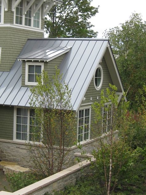 Galvanized Tin Roof House, Metal Roof Tan Siding, Steel Roof Colors Houses, Seamless Metal Roof, Cape Cod Metal Roof, Silver Metal Roof Houses, Cottage Metal Roof, Green House With Metal Roof, Galvalume Metal Roof House