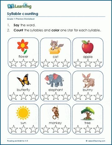 Syllables worksheets | K5 Learning Counting Syllables Worksheet, Syllables Worksheet, Free Phonics Worksheets, Phonics Worksheets Grade 1, Log Math, Kindergarten Grammar, Counting Syllables, Kindergarten Vocabulary, Phonics Worksheets Free