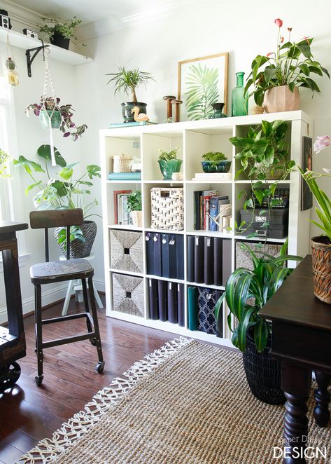 Beautifully styled and organized cube shelf....    Bohemian Jungle Studio: One Room Challenge Reveal! | DeeplySouthernHome Kallax Decor Ideas Living Room, Ikea Kallax Decor Ideas, Kallax With Inserts, Ikea Kallax Ideas, Cube Storage Decor, Ikea Craft Room, Kallax Hack, Ikea Crafts, Shelf Inspiration