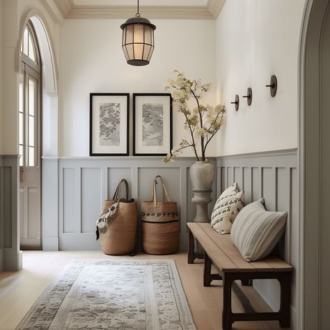 Minimalist pastel entryway with flowers to usher in spring. Nicely styled wooden bench with fluffy pillows. Rustic wicker baskets, black and white framed artwork, a patterned rug to match with pastel wood paneling and a statement light - it all makes such good impression. Bench Near Stairs, Entryway Ideas Paint Wall Colors, Natural Hallway Ideas, Arched Hallway Entryway, Entry Way Painting Ideas, Small Upstairs Hallway Ideas, Foyer Accent Wall Entryway, Small Entryway Design Inspiration, Wide Hallway Ideas