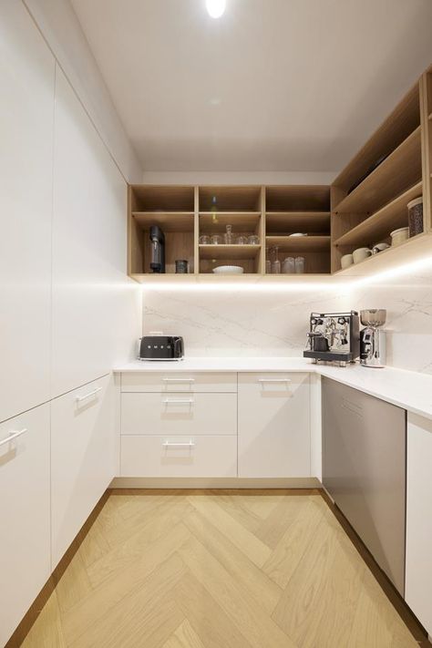 The Block 2023: kitchen and laundry reveals | Homes To Love Hamptons Butlers Pantry, Small Kitchen With Butlers Pantry, Butlers Pantry With Laundry Room, Small Scullery Ideas, White Butlers Pantry, Pantry Room Design, Butlers Pantry Design, Small Butlers Pantry, Oak Herringbone Floor