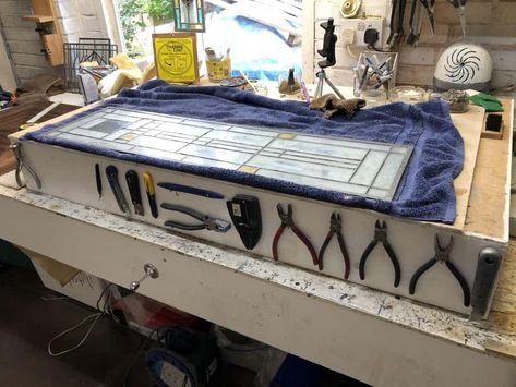 Glass Studio Ideas, Stained Glass Workshop, Stained Glass Grinder, Stained Glass Tools, Stained Glass Cabinets, Delphi Glass, Garage Workbench, Glass Closet, Stained Glass Studio