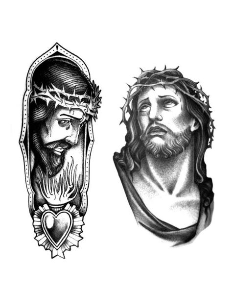 Traditional Jesus Tattoo Design, Jesus Traditional Tattoo, Traditional Tattoo Neck, Christus Tattoo, Foo Dog Tattoo Design, Traditional Tattoo Flash Sheets, Jesus Tattoo Design, Traditional Tattoo Drawings, Catholic Tattoos