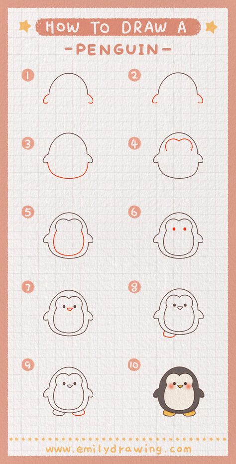 Doodle Drawing Step By Step, Cute Easy Penguin Drawings, Penguin Step By Step Drawing, Easy Drawings Penguin, Cute Simple Penguin Drawing, Cute Drawing Tutorials Step By Step, Drawing Steps Easy, Step To Step Drawing Easy, How To Draw A Penguin Step By Step Easy