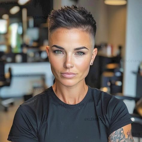 Short Hair Combed Back, Asymmetrical Pixie Back View, Side Haircuts Women, Female Faux Hawk Pixie, Short Shaved Sides Pixie, Short Pixie Haircuts Shaved Sides, Women’s Taper Fade, Skin Fade Haircut Women, Long Tapered Pixie Haircut