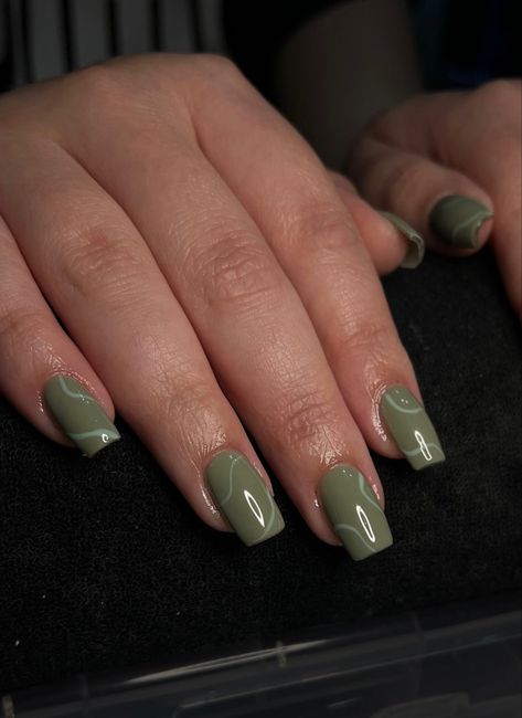 Short green square gel extension nails with swirl design Green Nails With Design Short, Small Green Nails, Dark Green Nails Short Square, Sage Green Short Square Nails, Green Nails Ideas Simple, Sage Green Nails Ideas, Olive Green Nails Square, Nails Square Short Design, Extension Nails Ideas