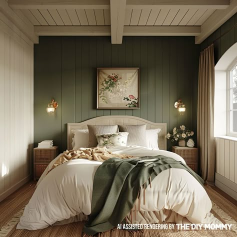 The modern cottage home decor style will make your home feel extra cozy while embracing minimalism with an edgy twist. Country Modern Bedroom Ideas, Wallpaper Guest Bedrooms, Cottagecore Master Bedrooms Decor, Moody Cottage Bedroom, Country Modern Bedroom, Modern Country Bedroom Ideas, Modern Country Bedroom, Bedroom Beams, Modern Cottage Bedroom