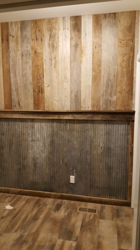 Rustic wall  barnwood and tin Tin Interior, Barn Tin, Wood Wall Design, Rustic Basement, Man Cave Home Bar, Tin Walls, Rustic Wood Walls, Rustic Walls, Barnwood