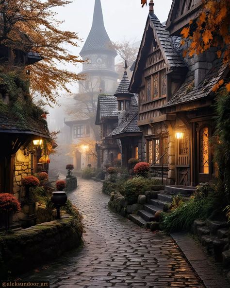 Magic Village Aesthetic, Whimsical Fall Decor, Fall Architecture, Fall Houses, Autumn Town, Fall Village, Morning City, Art Deco Style Interior, Autumn Cottage