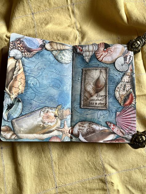 Ocean Themed Journal, Sea Sketchbook, Sea Journal, Art Coursework, Sea Life Theme, Scrapbook Inspo, Textiles Sketchbook, Scrapbook Letters, Gcse Art Sketchbook