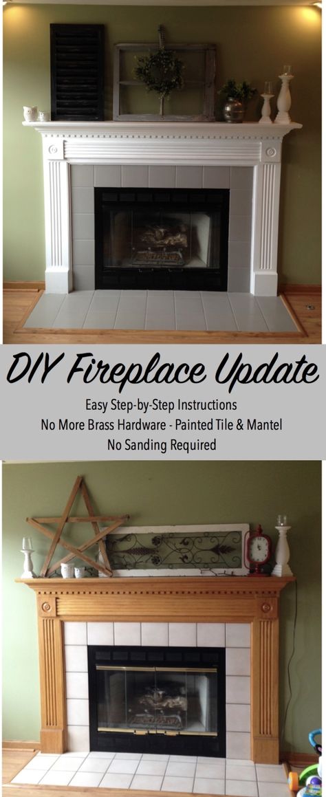 Redoing A Fireplace, Easy Fireplace Makeover Diy, Painted Mantle Ideas, Fireplace Step, Fireplace Updates, Paint Fireplace Tile, Tile Around Fireplace, Mantle Makeover, Painted Mantle