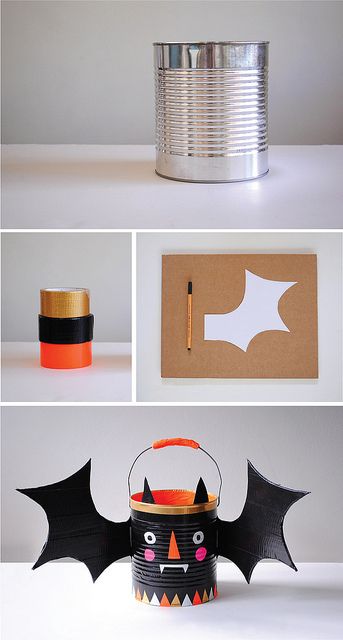 trick-or-treat buckets with tin cans and duct tape, via mer mag Halloween Wishlist, Mainan Diy, Dulceros Halloween, Candy Buckets, Moldes Halloween, Halloween Infantil, Halloween Fest, Bonbon Halloween, Halloween Buckets